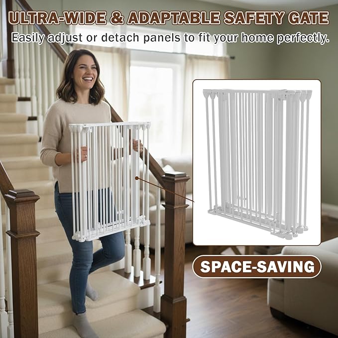 Mumeasy 126" Extra Wide Baby Gate for Doorways, Stairs & Fireplace, Auto Close Safety Dog & Pet Gate with Walk Thru Door, Childproof Fence for Hallway Kitchen House Indoor Outdoor,5 Metal Panels,White