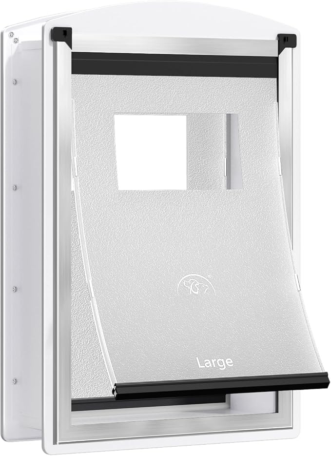 Dog Door for Wall, Steel Dog Door with Telescoping Tunnel, Weatherproof Pet Door with Two Sliding Lock Panels and Magnetic Flaps, Easy to Install, White, Large
