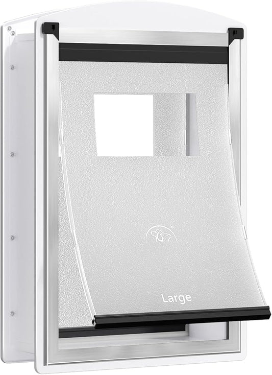 Dog Door for Wall, Steel Dog Door with Telescoping Tunnel, Weatherproof Pet Door with Two Sliding Lock Panels and Magnetic Flaps, Easy to Install, White, Large