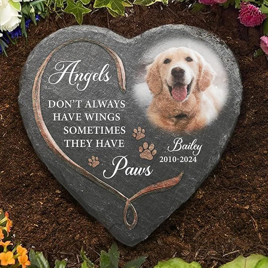 Wrappiness Pet Memorial Stone - Angels Sometimes Have Paws, Personalized Dog Memorial Gifts, Remembrance Condolences Bereavement Gifts for Loss of Pet Custom Photo (Heart 02, Stone)