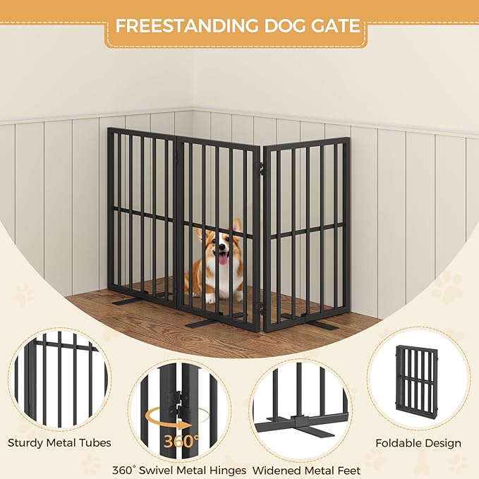 Dog Gate Indoor, Freestanding Foldable Pet Gate for The House, Doorway, Stairs, 48.2" W x 23.6" H Metal Step Over Fence with Support Feet, 3-Panel Pet Puppy Safety Fence, Black DGBK6001