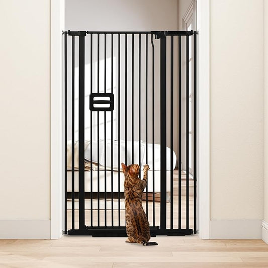 SMONTER 55" High Extra Tall Baby Gate, Safety Cat Gate for Doorways, Expands to 34.2"-38.2" Wide, Auto Close Dog Gate, No Drilling Pressure Mounted Cat Fence, Pet Gate Indoor for Stairs, Black