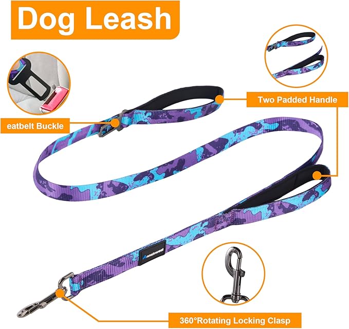 Annchwool Adjustable Dog Collar and 5 FT Leash Set with Heavy Duty Metal Buckle–Comfortable Lining Collar & Dual-Handles for Medium Large Dogs Walking, Running,Car Travel (Camo Purple Set,M:16''-21'')