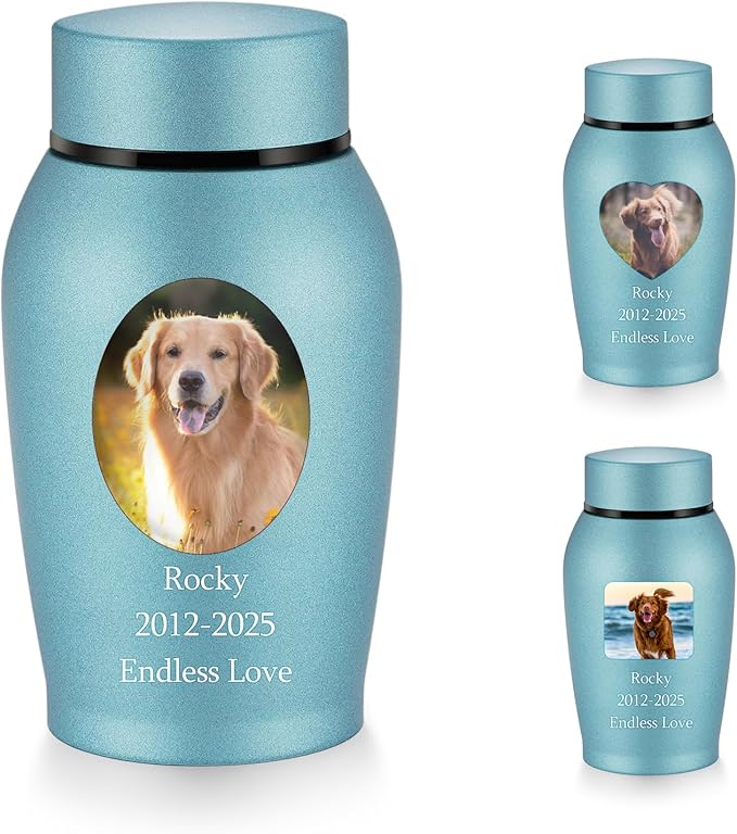 abooxiu Photo Custom Small Urn for Dog Cat Ashes Pet Memorial Urns for Ashes Stainless Steel Cremation Keepsake Urn Photo Personalize Pet Memorial Gifts for Dog Cat-Blue