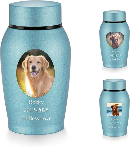 abooxiu Photo Custom Small Urn for Dog Cat Ashes Pet Memorial Urns for Ashes Stainless Steel Cremation Keepsake Urn Photo Personalize Pet Memorial Gifts for Dog Cat-Blue