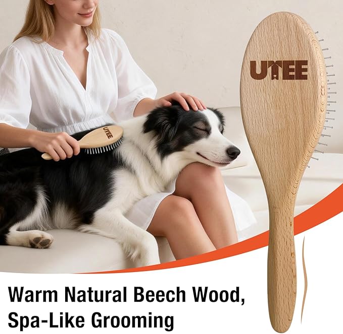 UTEE Professional Pin Brush for Long-Haired Dogs & Cats - Anti-Static Beechwood Grooming Brush with Massage Tips - Gentle De-tangling for Silky Coats & Sensitive Skin