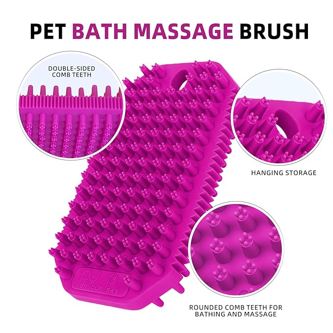 Rose Red 3-in-1 Double Sided Pet Bath Brush Dog Washing Brush Fine Pin Cat Deshedding Brush with Massage Pin Pet Grooming Tool for Dogs and Cats Remove Loose Hair Deep Cleansing