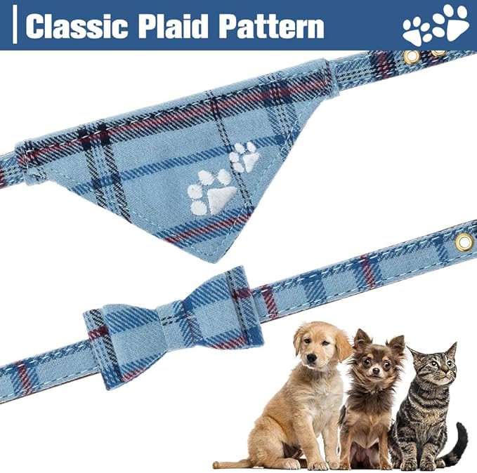 EXPAWLORER Dog Collar and Leash Set - Pawprint Plaid Collar with Bow Tie and Bell, Cute for Dogs and Cats, Blue S-M