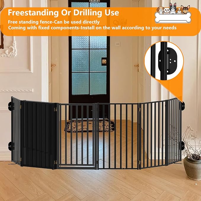 Metal Dog Gate with Door Free Standing for Indoor Use, Freestanding Pet Fence for Stairs and Yard, 32" Tall 8 Panels Black