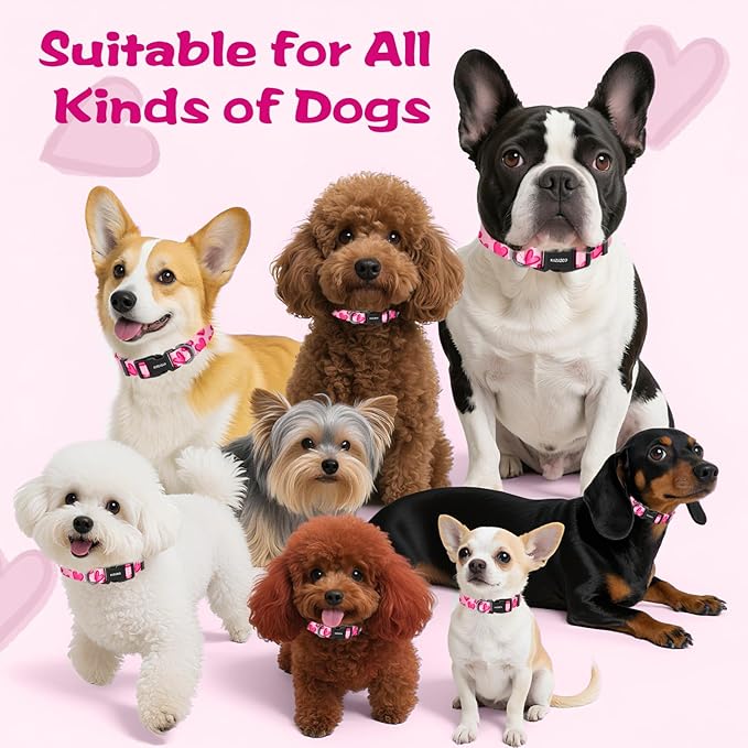 Kazazoo Dog Collar Cute and Soft Nylon Puppy Collar Girl, Adjustable Dog Collars for Small Medium Dogs, Hot Pink Heart-XS