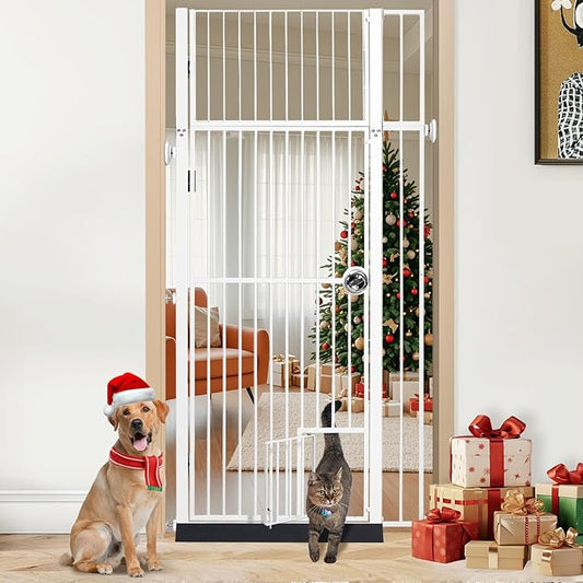 71" Extra Tall Pet Gate with Cat Door, Fits for 28.7"&37.5" Extra Wide Pressure Mounted Pet Barrier Auto-Close Safety Cat Gate with Walk Through Door Latch,White,No Drill