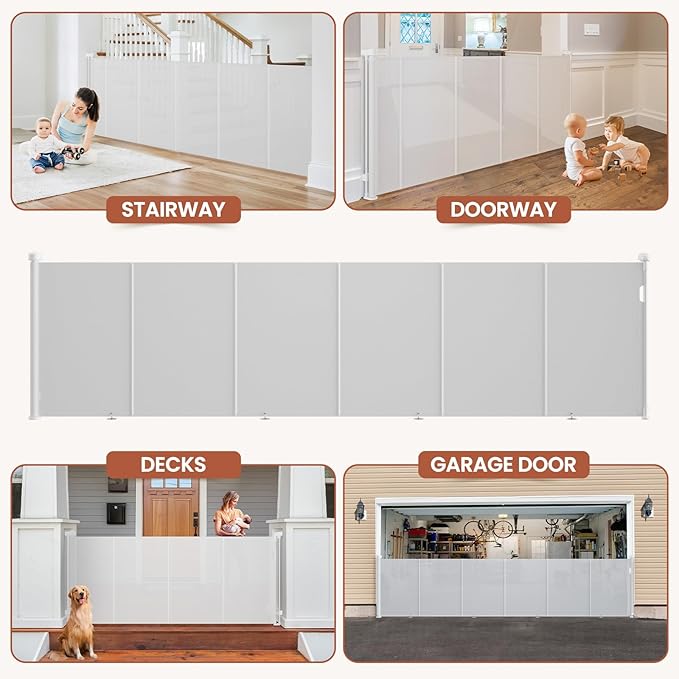 Upgrade Retractable Baby Gates Extra Wide(150" W x 42" H), 150 inch Reinforced Retractable Dog Gate to Prevent Crawling Through, Retractable Gate Outdoor/Indoor, Real One-Handed Operation, White