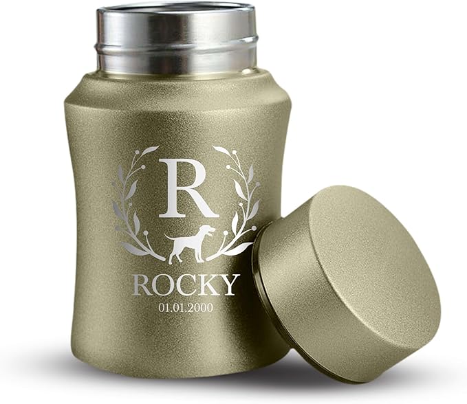 Customized Small Keepsake Urn Personalized Engraved with Pet Name, Date, and Dog Design - 4" Powder Coated Cremation Mini Compact Urn for Dogs Ashes | 5–10 Lbs Capacity | Washed Gold, Flower Border