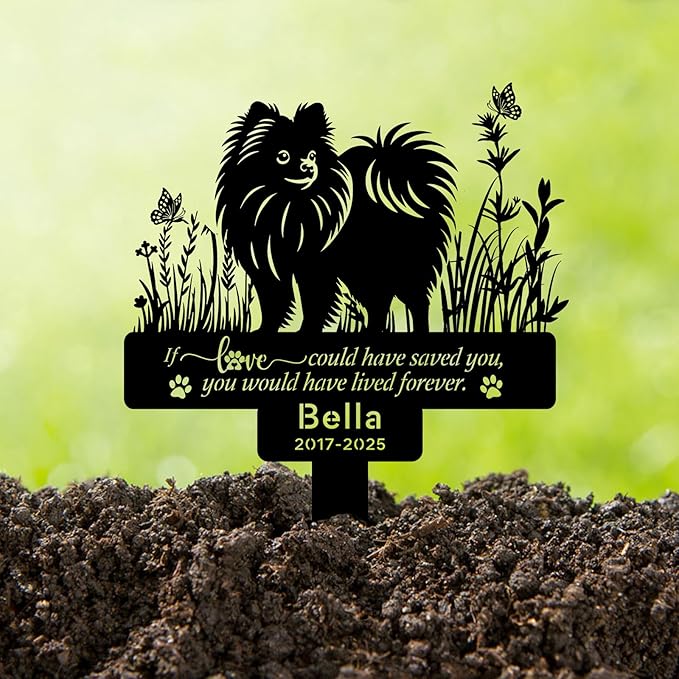 Personalized Pet Pomeranian Memorial Grave Marker with Name & Date, Custom Metal Loss of Dog Headstone Pet Pomeranian Plaque, Burial Stake for Outdoors Cemetery Yard, Pomeranian Sympathy Gifts