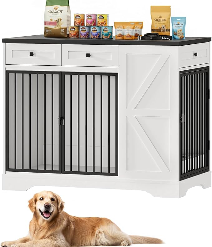 43.3" Dog Crate Furniture with Storage, Large Dog Kennel with 3 Drawers & 2 Feeding Bowls, Indoor Decorative Dog Cage for Large/Medium Dogs