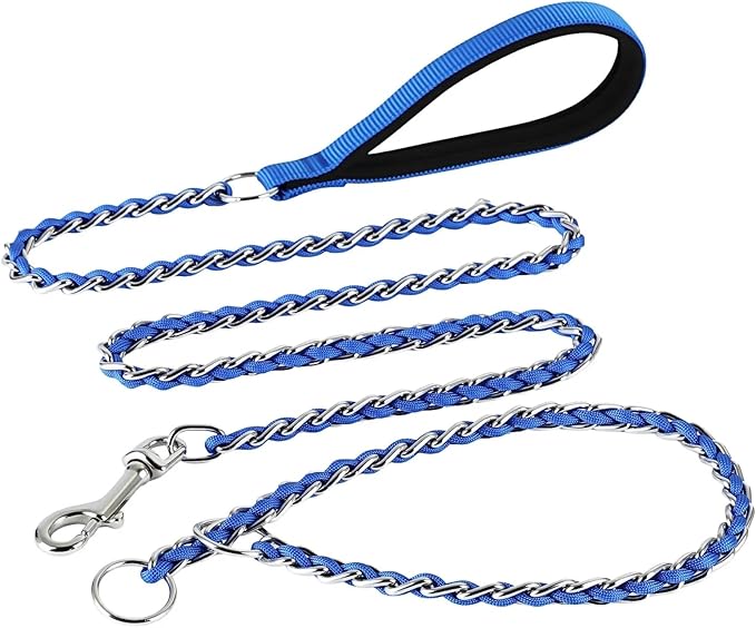 Chew Proof Metal Dog Leash with Built-in P-Chain Collar - 2FT/4FT for Small/Medium/Large Dogs (30-150lb), Anti-Bite Chain Link with Soft Padded Handle, 360° Rotating Clasp Blue