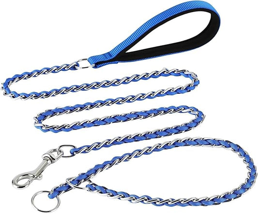 Chew Proof Metal Dog Leash with Built-in P-Chain Collar - 2FT/4FT for Small/Medium/Large Dogs (30-150lb), Anti-Bite Chain Link with Soft Padded Handle, 360° Rotating Clasp Blue