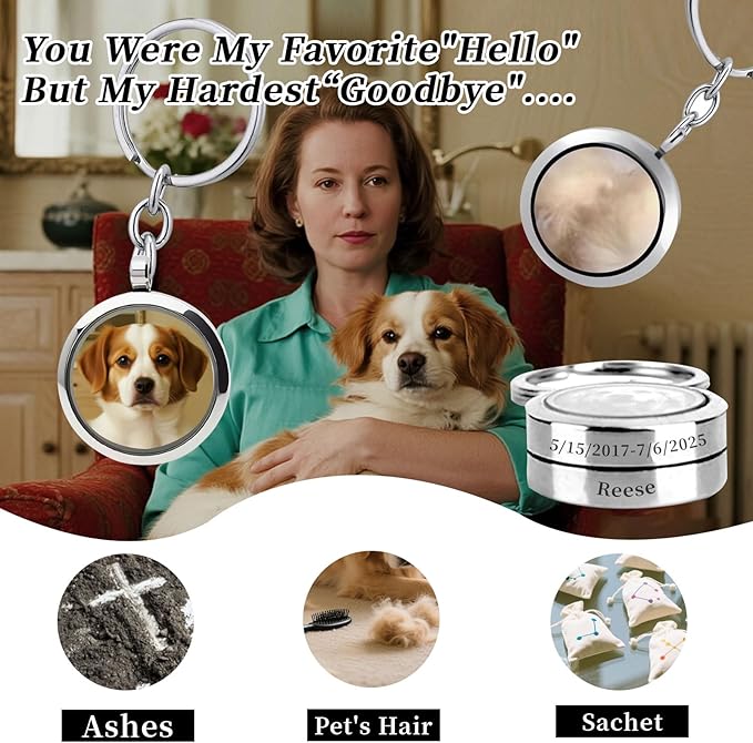Personalized Locket Keychain Dog Hair Keychain Memorial Pet Fur Keepsake with Name Photo Custom Locket for Ashes Portrait Cremation Jewelry for Pet Loss of Dog Cat Sympathy Remembrance Gift