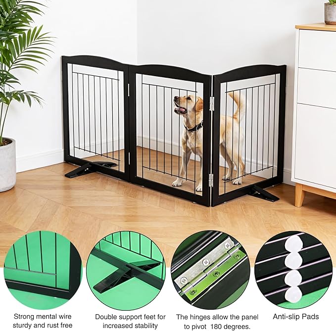 Dog Fence Indoor,Dog Gate Indoor for Doorway pet gate -3-Panel Freestanding, Hallways, House or Stairs -60x24-Inch Retractable Foldable Expandable Wood Pet by SFJC (Black) ﻿