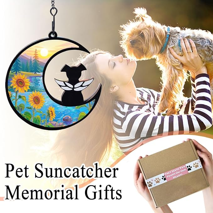 Dog Angel Memorial Suncatcher with Rainbow Bridge Poem Card, Pet Sympathy Gifts for Loss of Dog, Sunflowers