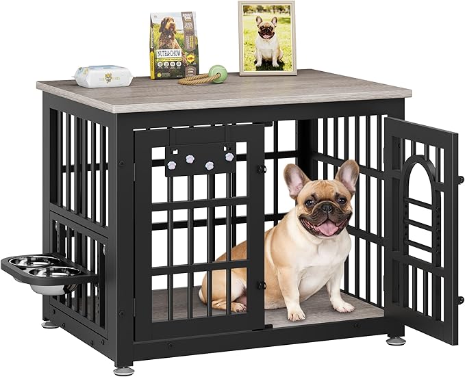 Lulive Dog Crate Furniture 31.5" Wooden Dog Kennel Table with Bowls Heavy Duty Dog Crates for Small/Medium/Large Dogs, Dog Kennel Furniture Indoor as TV Stand End Table,Grey