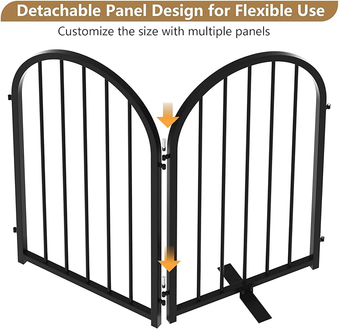 Full Metal Dog Gate for Indoor Outdoor, 24" Tall Free Standing Pet Dog Fence, 36" Wide Arched Pet Gates for Stairs, Hallways, Doorways, Kitchen, Decks, Yards (Black, 2 Panels)