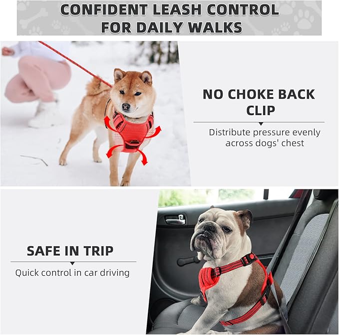 No Pull Dog Harness with A Free Heavy Duty 5ft Dog Leash, Adjustable Soft Padded Dog Vest, Reflective No-Choke Pet Oxford Vest with Easy Control Handle for Small and Large Dogs (Red, Medium)