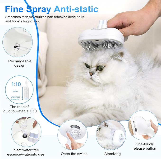 Pet Steam Brush for Dog & Cat - 4-in-1 Blue Light Steam Grooming Brush for Shedding & Hair Removal - Self Cleaning Spray Comb with Mist for Long Haired Pets - Includes 1*Waterless Shampoo, White.