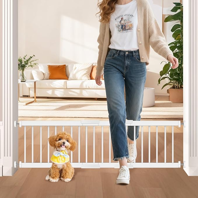 Dog Gate - 14" Tall Puppy Safety Pet Gates Easy to Step Over, Short Dog Gates,16.5"-44" Adjustable Extra Wide, Metal Doggy Door for Passageway Stairs Kitchen Bedroom Indoor, Pressure Mounted