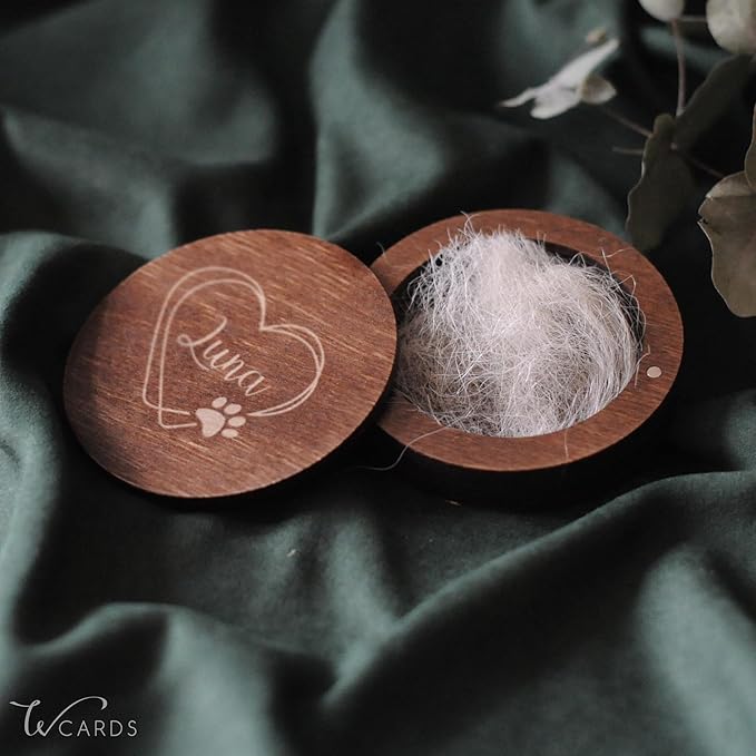 Personalized Pet Hair Keepsake Box for Dog and Cat Fur - Engraved Wood Memorial Box - Unique Customized Gift for Loss of Furry Friend Wooden (Dark Round Wood/Acrylic Lid)