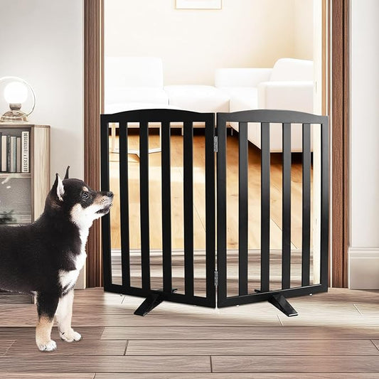 Freestanding Dog Gate Indoor,Doggie Gate Foldable Pet Gates for Doorways,Stairs or Hallways, Wooden Black Pet Gate for the House, Pet Fence with Support Feet Included,32 "Height-2 Panels