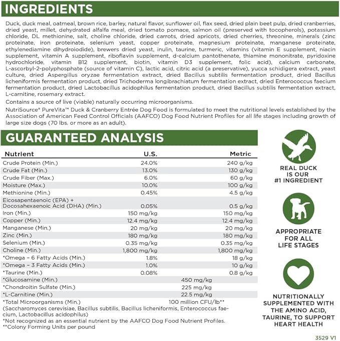 NutriSource Pure Vita Duck & Cranberry Dog Food, 25LB