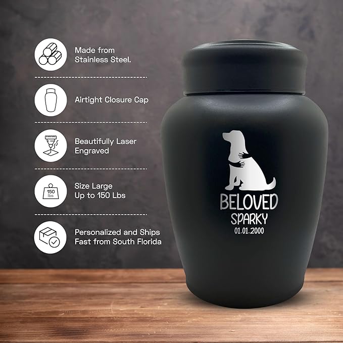 Personalized Custom Dog Urn Engraved Dog Name and Date - Stainless Steel Large Cremation urns for Dogs Ashes with Airtight Closure | up to 150 lbs Capacity | Embrace
