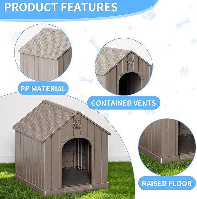DRATO Indoor & Outdoor Dog Houses, Resin Material Dog House with Waterproof Roof and Raised Floor Design(Gray