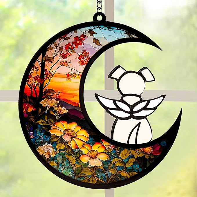 Dog Memorial Gifts for Loss of Dog Suncatcher, White Angel Dog on Sunset Moon Dog Beverage Acrylic Ornaments Decor Window Wall Sympathy Gift for Dog Lover