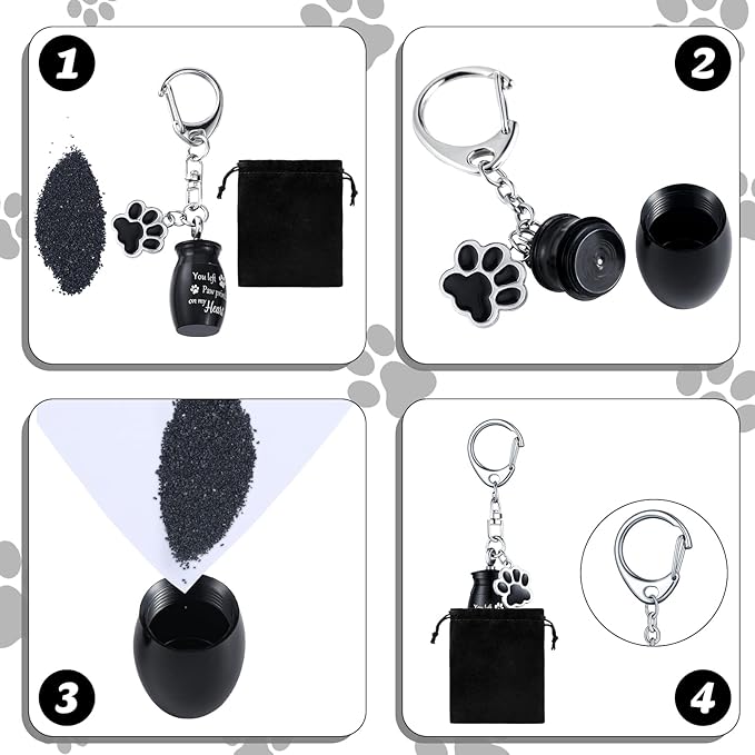 Tudomro 2 Pcs Pet Dog Urns Keychain for Ashes with 2 Storage Bags Small Cat Cremation Keepsake Jewelry Paw Print Memorial Urn