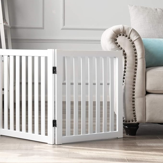 WELLAND Wooden Freestanding Pet Gate, 24 Inch 3 Panel Step Over Fence, Expands Up to 60" Wide, Foldable Indoor Dog Gate Puppy Safety Fence, White