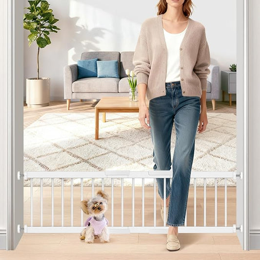Metal Short Dog Gate - 16.5"-44" Adjustable Extra Wide, 14" Tall Pressure Mount Indoor Pet Gate, Easily Step Over Dog Gates with 3 Extension Kits, Small Puppy Gate for Doorways & Stairs