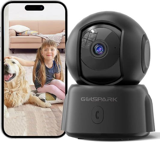 GOLSPARK 2K Indoor Security Camera for Baby Monitor, 2.4GHz WiFi 360 Pet Camera with Night Vision Motion Tracking Detection Two-Way Audio Sleep Mode SD Card Cloud Storage, Black