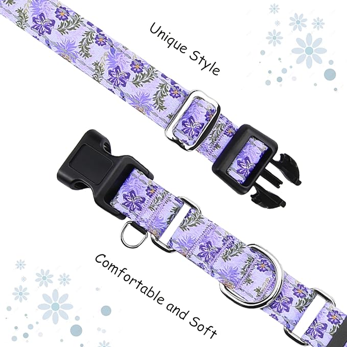 Reflective Martingale Collar for Dogs with Quick Release Buckle Cute Girl Female Flower Dog Collars (Lavender Floral, Medium)