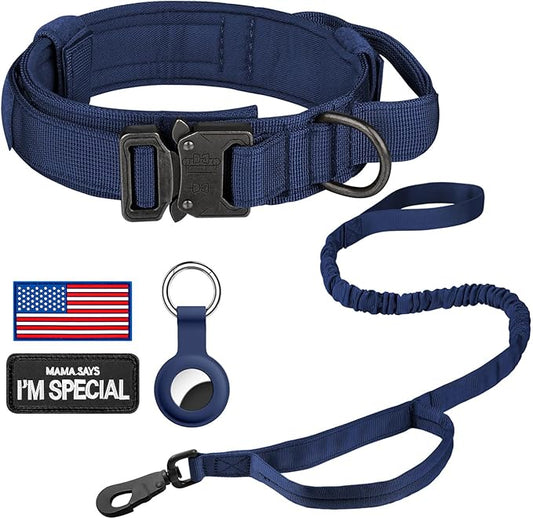 DAGANXI Tactical Dog Collar, Adjustable Military Training Nylon Dog Collar with Control Handle and Heavy Metal Buckle for Medium and Large Dogs, with Patches and Airtags Case (Midnight Blue-Set, L)