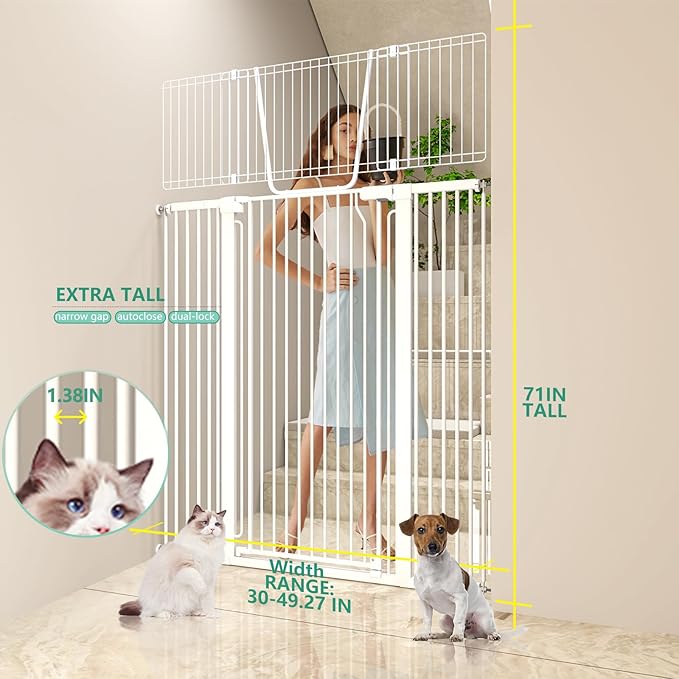 71" Extra Tall Cat Gate for Doorway – 30"-49.27" Extra Wide Pet Gate with Adjustable Cat Door Wide,Auto Close, Pressure Mounted, Pet Gate for Cats & Small Dogs, Hallway, Stairs, Kitchen