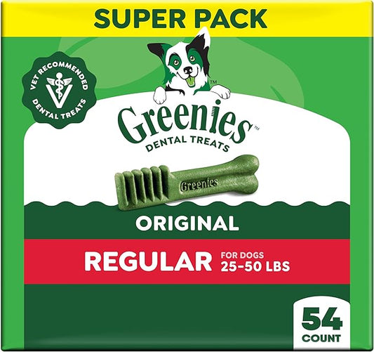 Greenies Veterinarian-Recommended Adult Natural Dental Dog Treats Regular Size, Dog Dental Chews, Original Flavor, 54 oz. Pack, 54 Count