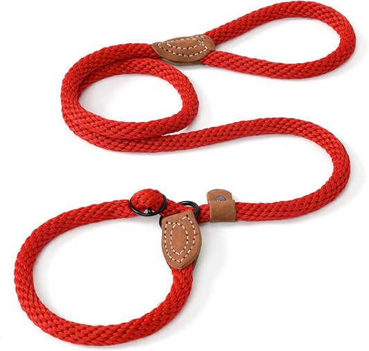 Mile High Life Slip Leads for Dogs | Heavy Duty Dog Training Leash | 5 Feet No Pull Slip Leashes w Leather Tip | Red Rope Lead for Dogs Outside