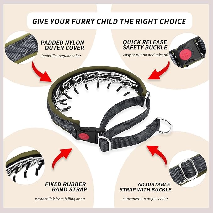 Martingale No Pull Dog Collar for Large Medium Small Dogs, Heavy Duty Nylon Reflective Adjustable Anti Pull Slip Collar with Buckle for Training Walking M Black Army Green
