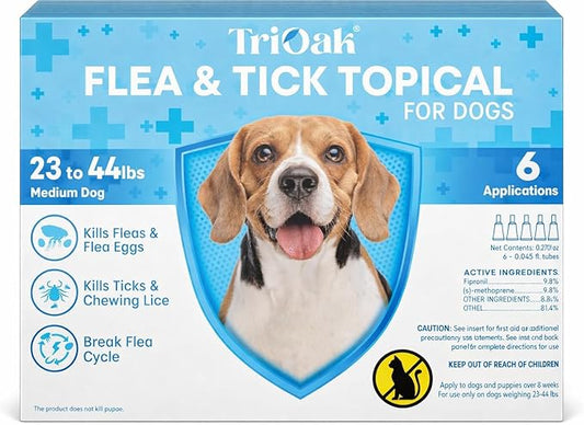 Flea and Tick Prevention for Dogs, 6 Doses Dog Flea Treatment for Medium Dogs 23–44 lbs, Fast Acting, Long Lasting Protection, Flea and Tick Control for Home and Outdoor Use, 6 Month Drops