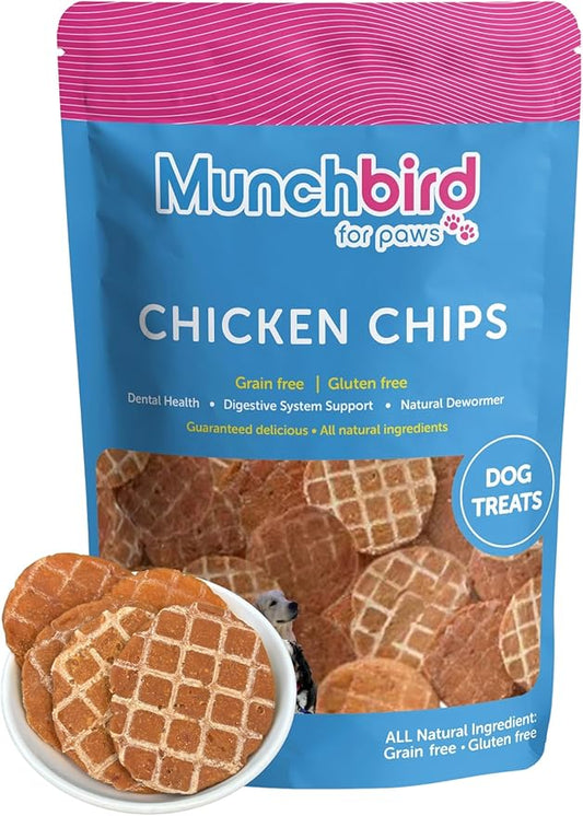 Munchbird Chicken Waffle Chips Dehydrated Lean Treats for Dogs (3.5 OZ, Crunchy Chicken Chips), Great for picky Eaters, Easy to Break up into Smaller Pieces as Food Topper or Training Treats