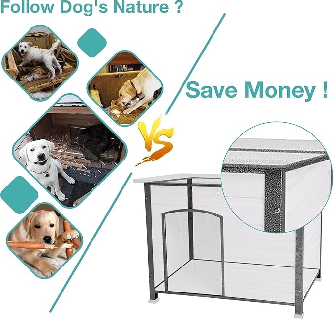 Aivituvin Dog House with Insulated Liner, Heated Outdoor Indoor Weatherproof Dog House for Winter, Suitable for Small & Medium & Large Dogs with Unique All-Around Iron Frame(Grey)
