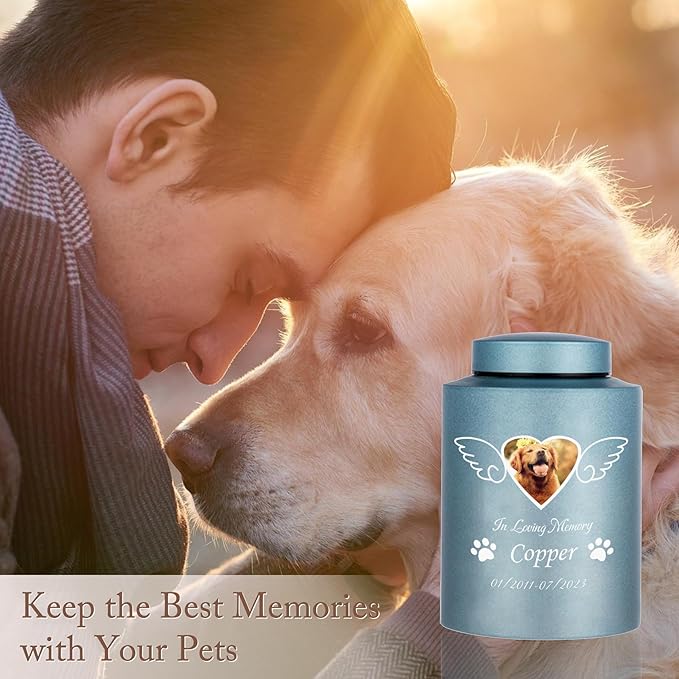 Custom Urns for Dogs and Cats Ashes Personalized Pet Urn with Name and Photo Pet Cremation Memorial Urn for Loss of Dog or Cats Engraved Pet Funeral Urns (Wings)