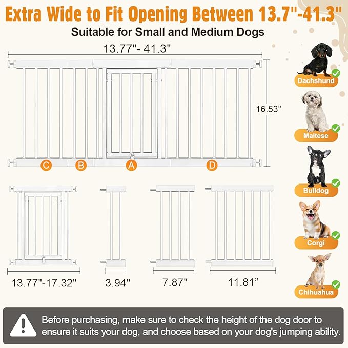 Metal Short Dog Gate - 16.5" Tall Pressure Mount Indoor Pet Gate, 13.7"-41" Adjustable Extra Wide, Easily Step Over Dog Gates with 3 Extension Kits, Small Puppy Gate for Doorways & Stairs